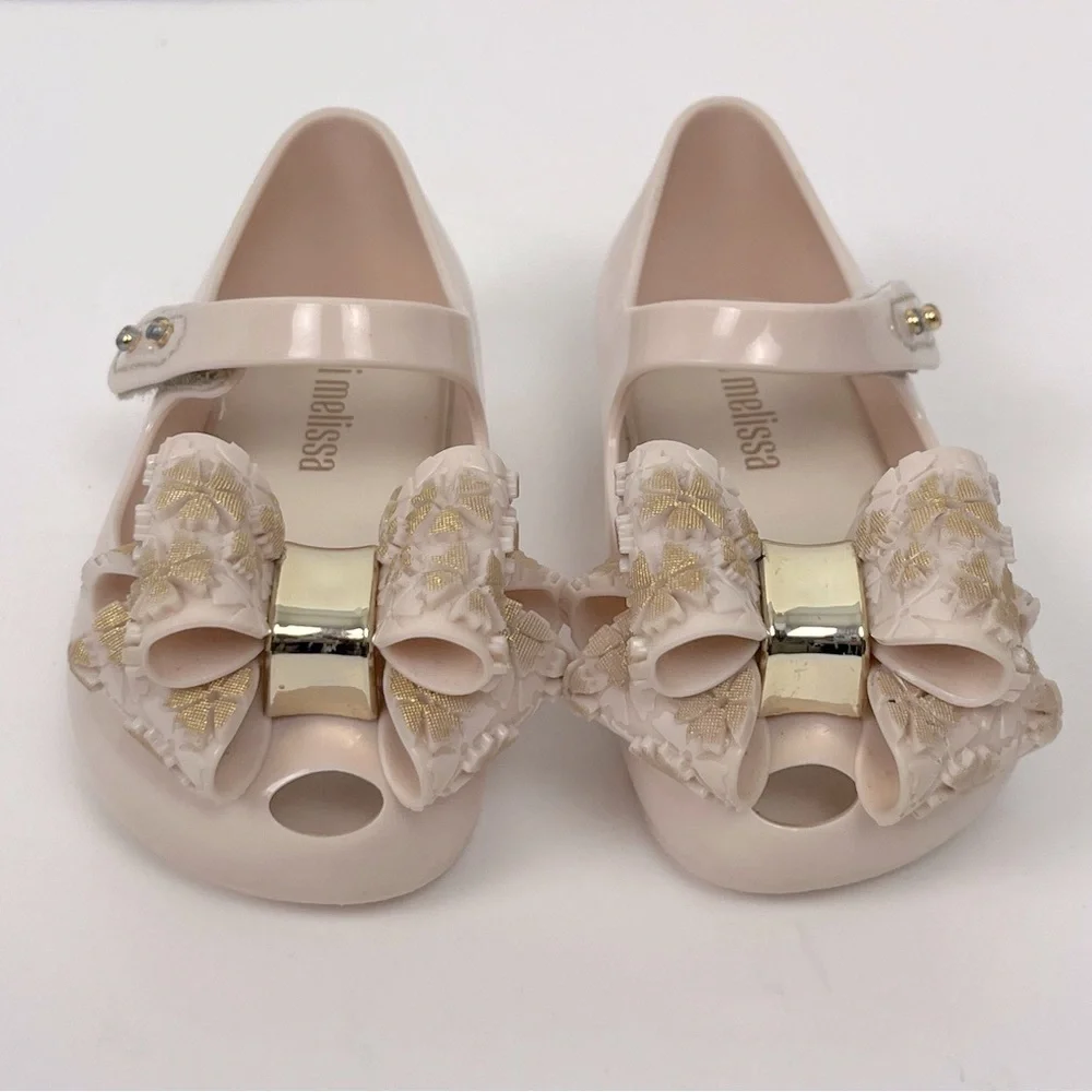 Mini Melissa Ultragirl Sweet Beige & Gold Maryjane style baby girl shoes, 7.